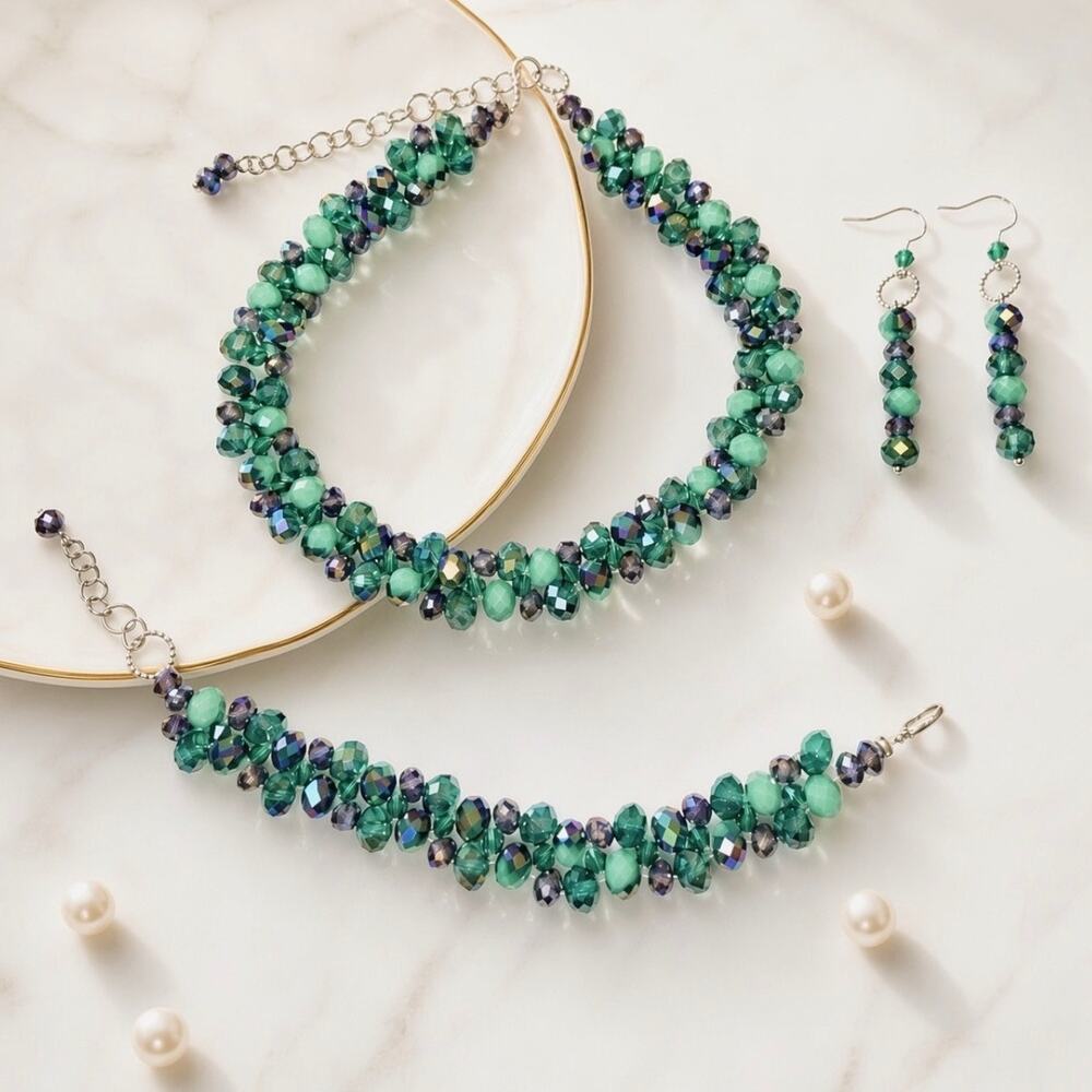 Green Turquoise Swarovski Beaded Necklace, Bracelet & Earrings
